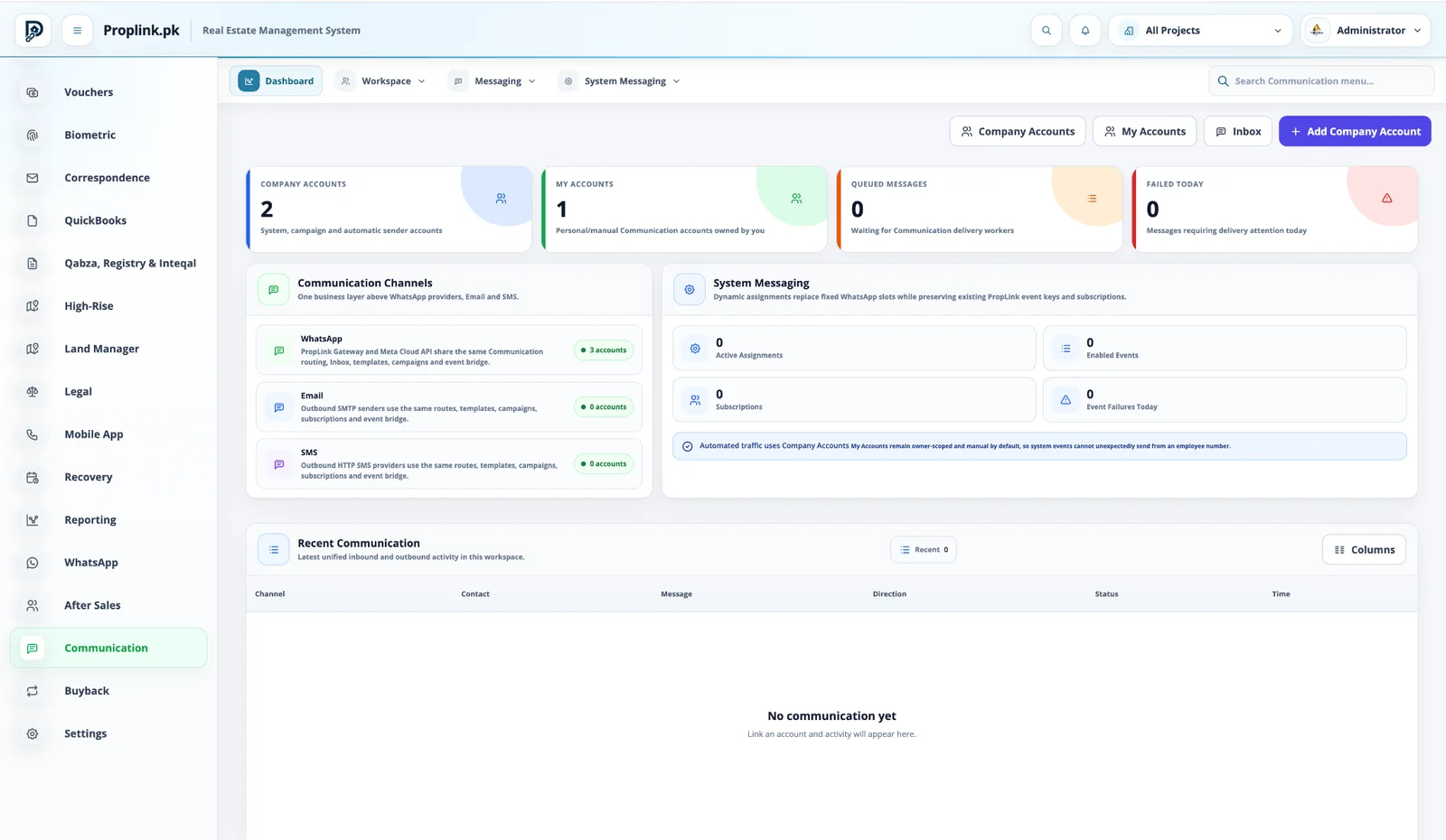 PropLink Communication Hub interface