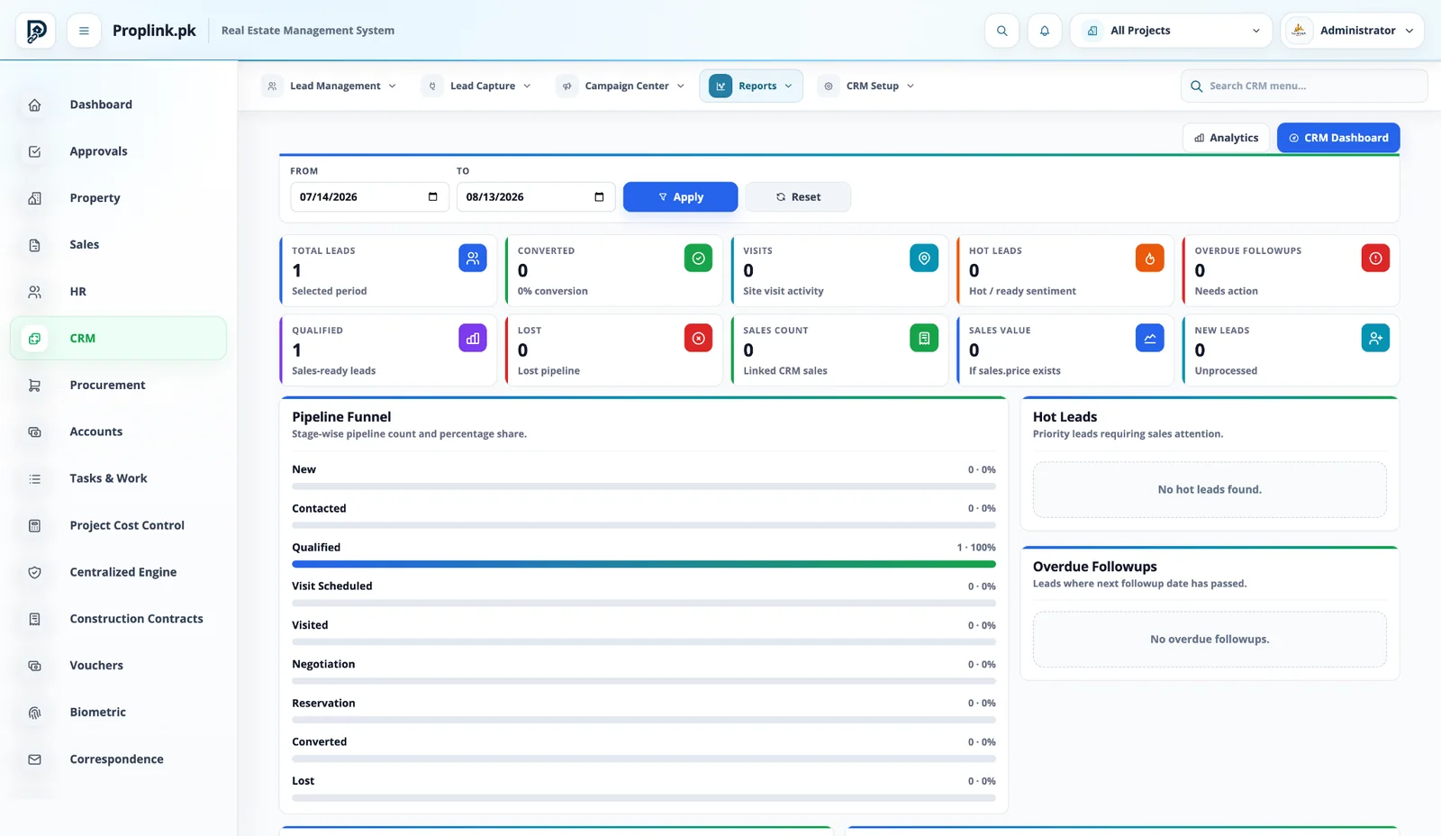PropLink CRM & Lead Management ERP interface