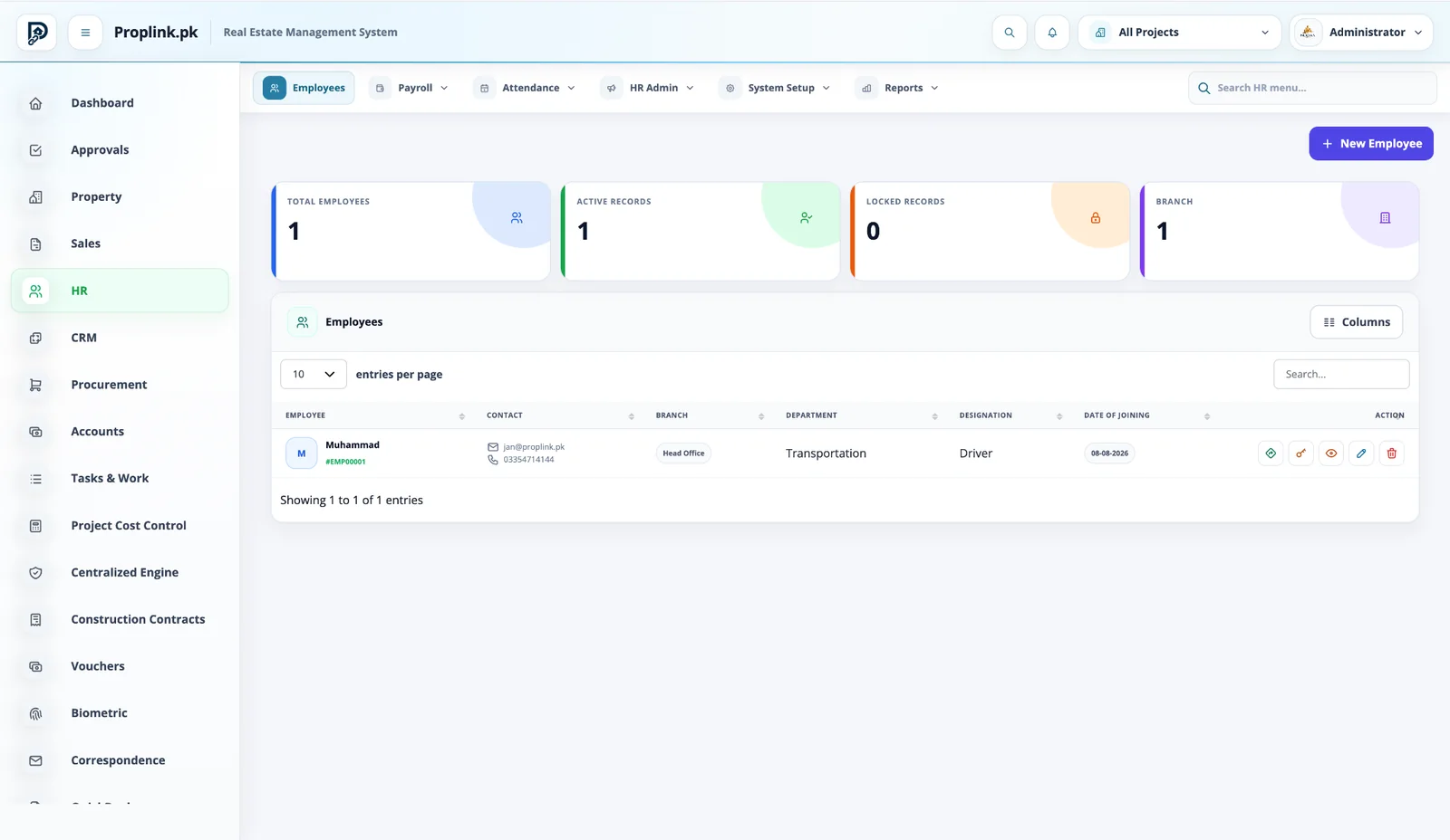 PropLink Task Management ERP Module interface