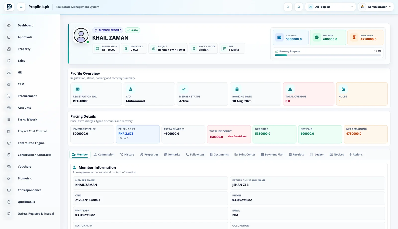 PropLink Member Profile interface