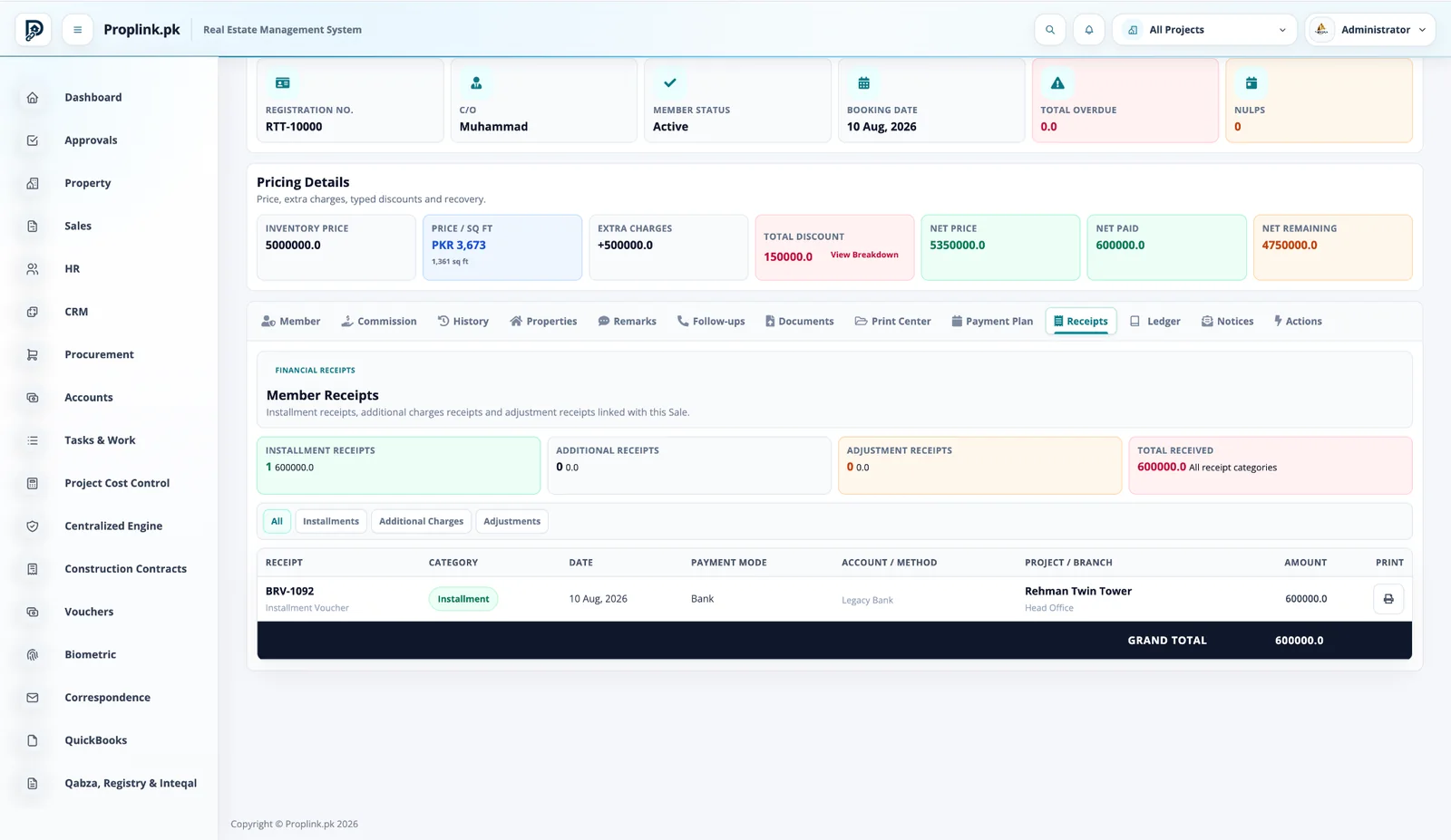 PropLink Real Estate Payment Plan ERP interface