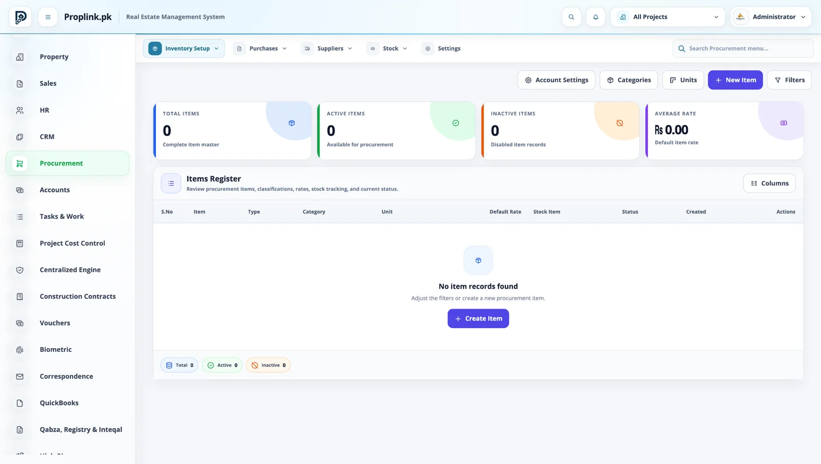 PropLink Procurement Items interface