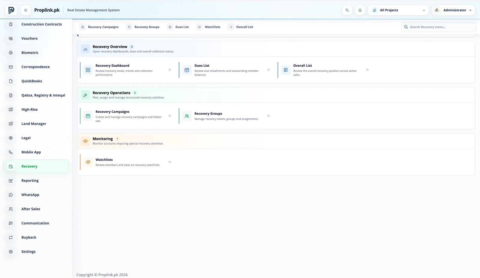 PropLink Recovery Management ERP Module interface