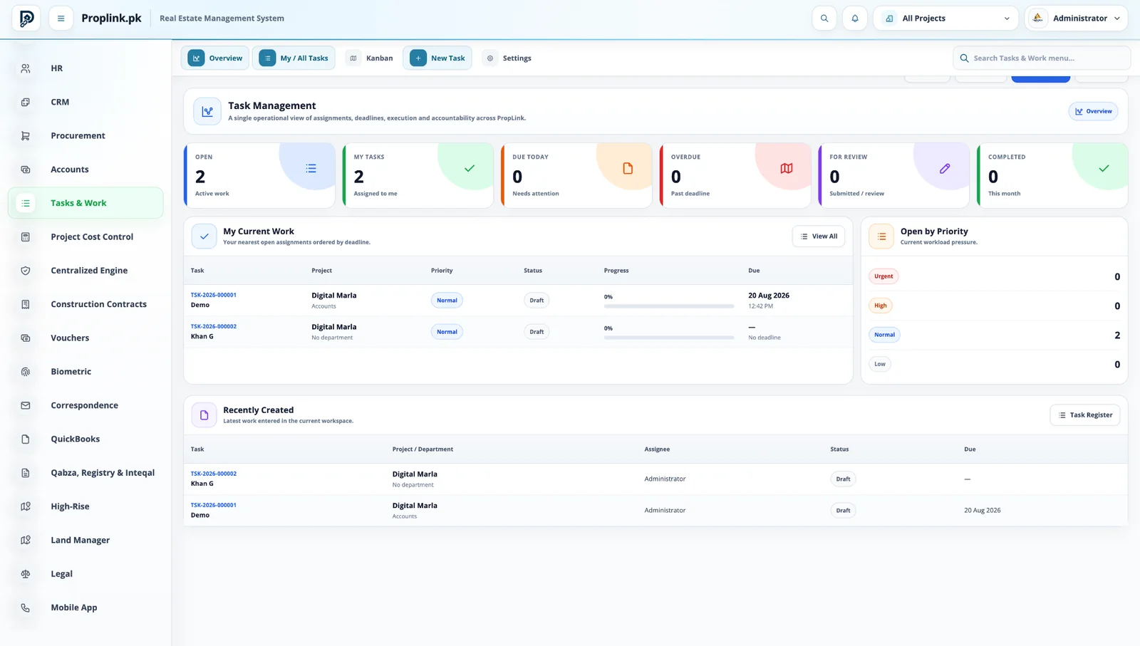 PropLink Task Management ERP Module interface
